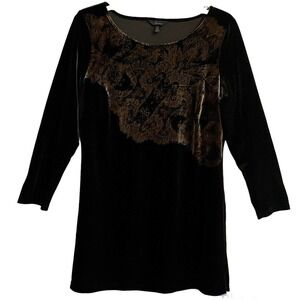 Soma Intimates Medium Velvet Tunic Top Black Gold 3/4 Sleeves Stretch Lo…